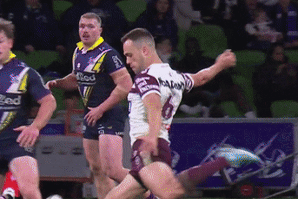 Harry Grant was penalised for this contact on Luke Brooks.