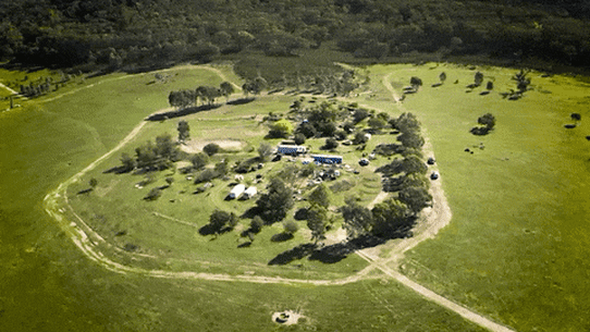 An aerial view of the property at Thologolong where Dezi Freeman was shot dead.
