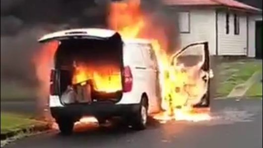 Flames engulf a mail van stolen from Horsley and dumped in Berkeley on November 28.