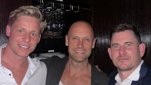 Swans star Issac Heeney (left) with Bar Bambi owner Nick Russian and Heeney’s cousin, <i>The Bachelorette</i> star Dave Billsborrow.