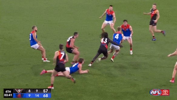 Play on: This Anthony McDonald-Tipungwuti tackle on James Harmes was not deemed to be holding the ball at the time.