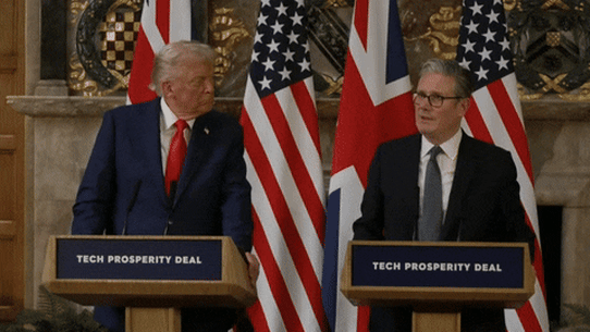 “That’s good”: Donald Trump pats Sir Keir Starmer on the back during their joint press conference GIF.