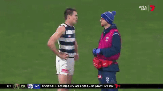 Jeremy Cameron talks to a Geelong official on the ground after suffering a head knock against Port Adelaide.