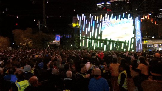 Fans celebrate as Mathew Leckie scores during the Socceroos’ World Cup match against Denmark.