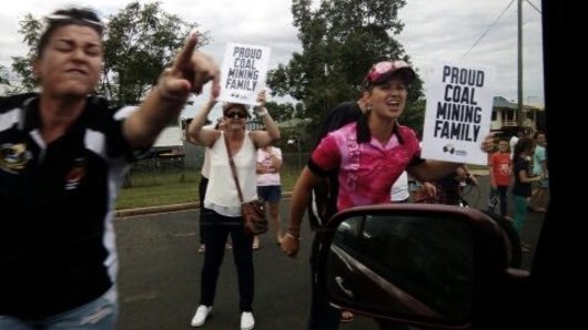 Stop Adani convoy driving through Clermont on Saturday were shouted at by locals and unions. 