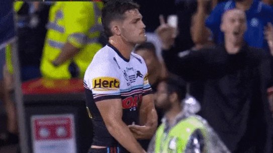 Nathan Cleary imitates D’Angelo Russell’s ice-in-the-vein celebration, which angered rival fans.