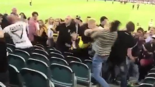 Punches are thrown during the brawl in the lower section of the Great Southern Stand.