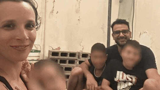 Melbourne couple Emily and Tomer Gian, and their three children, inside their bomb shelter at Yehud in Israel; Palestinian-born Australians Hussien and Reem Sabawi; Bodies being collected at Kibbutz Kfar Aza.