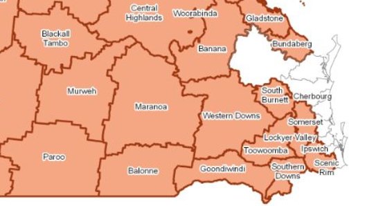 How close the drought is to Brisbane in July 2019. Drought-declared councils are marked in orange.