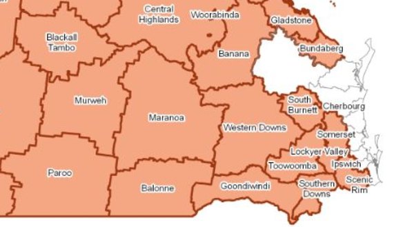 How close the drought is to Brisbane in July 2019. Drought-declared councils are marked in orange.