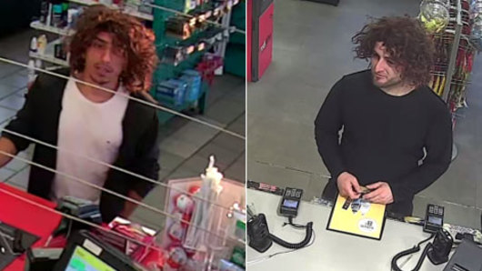 Two men police wish to speak to over the Bulleen home invasion. Pictured here wearing wigs.