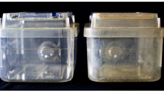 An undamaged cage, left, and a degraded cage, right, from the research lab.