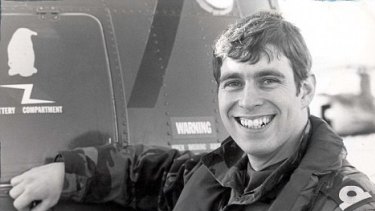 Prince Andrew serving as a helicopter pilot in the Royal Navy during the Falklands war in 1982.