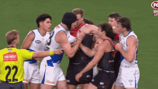The moment: Xerri appears to rub blood on McGrath’s face.