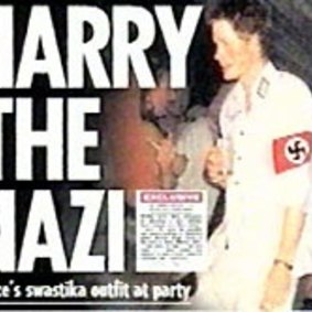 A 2005 front page of Britain’s <i>Sun</i> newspaper showing Prince Harry wearing the swastika armband of the Nazis at a party. 