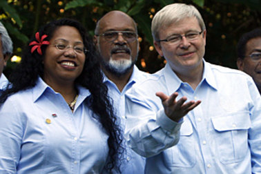 Then-Australian prime minister Kevin Rudd speaks to then-Kiribati secretary of foreign affairs Tessie Lambourne in 2009. Lambourne is now opposition leader in Kiribati.