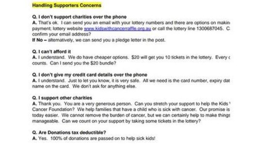 The fourth page of the Kids with Cancer Foundation sales script used by employees of commercial telemarketer 4Mile.
