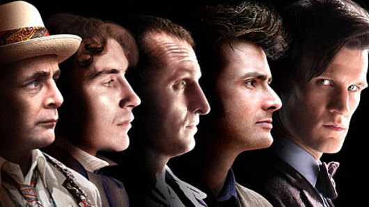 Christopher Eccleston (centre) and Matt Smith (far right) as the ninth and eleventh Doctors Who.