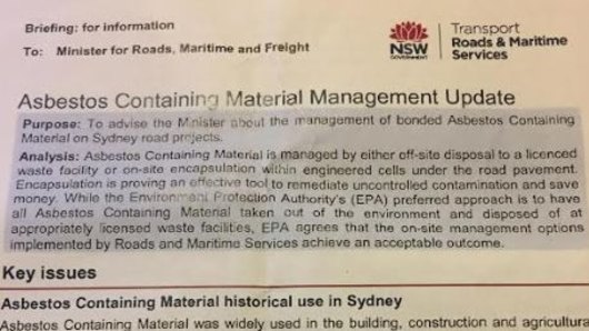 Briefing note for former roads minister Melinda Pavey about asbestos management on Sydney Road Projects.