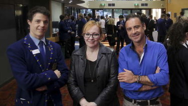 Tracy McLeod Howe at a Waverley College anti-violence against women event with school captain Oscar Osborne and TV host Andrew O'Keefe.
