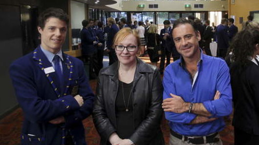 Tracy McLeod Howe at a Waverley College anti-violence against women event with school captain Oscar Osborne and TV host Andrew O'Keefe.