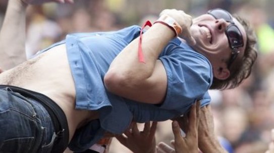 Music journalist Mikey Cahill crowd-surfs at Golden Plains Festival in 2010.