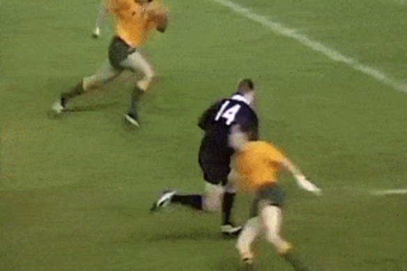 George Gregan making THAT tackle on Jeff Wilson in 1994.