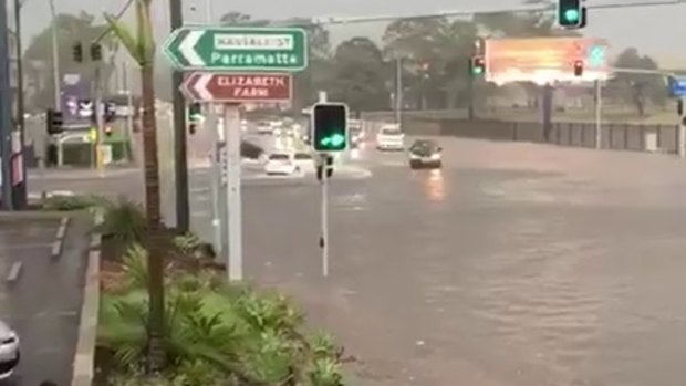 Localised flooding in Parramatta along James Ruse Drive on February 8. 