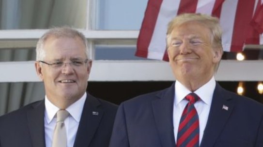 Jenny Morrison, US First Lady Melania Trump, Prime Minister Scott Morrison and President of the United States Donald Trump during a ceremonial welcome for Prime Minister Scott Morrison and Jenny Morrison on the South Lawn of the White House in Washington DC.
