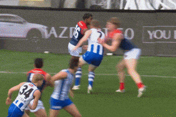 Kysaiah Pickett kicks off Melbourne’s clash with North with a memorable goal.