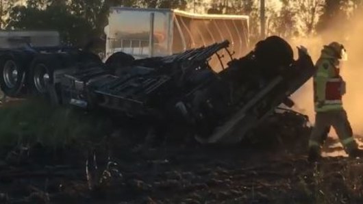 The fiery collision happened after one of the trucks tried to turn off the highway.