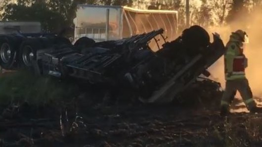 The fiery collision happened after one of the trucks tried to turn off the highway.