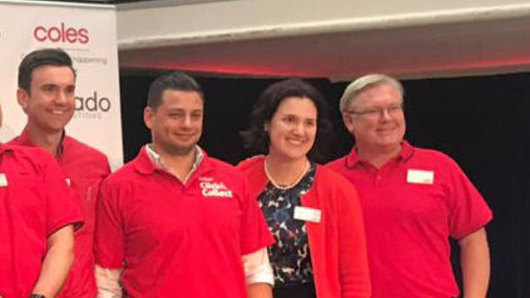 Aaron Baslangic (third from the right), with Coles' CEO Steven Cain (far right), chief financial officer Leah Weckert (second from right) and Coles Online CEO Alister Jordan at the launch of Coles' partnership with online grocer Ocado in March. 