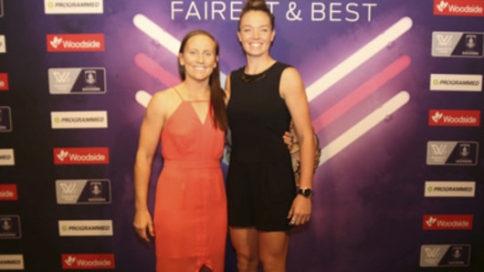 Fremantle's power couple on and off the field, Kara Donnellan and Ebony Antonio, at the club's 2018 fairest and best awards.