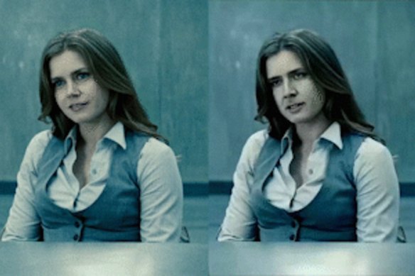 Amy Adams in the film Man of Steel and the deepfake created by YouTube channel derpfakes that imposes actor Nicolas Cage's face over Adams'.