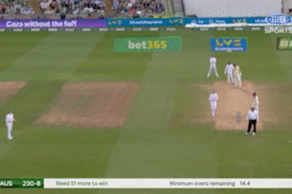 Pat Cummins hits Joe Root for six.