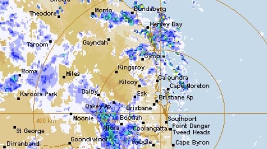 The south-east Queensland radar showing heavy rain approaching on Wednesday afternoon. 