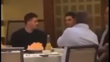 Reed Mahoney was filmed by a patron at Canterbury League Club sitting next to Bulldogs coach Trent Barrett.