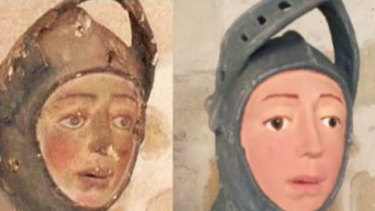 Before and after of the St George statue at St. Michael's Church in Estella, Spain.