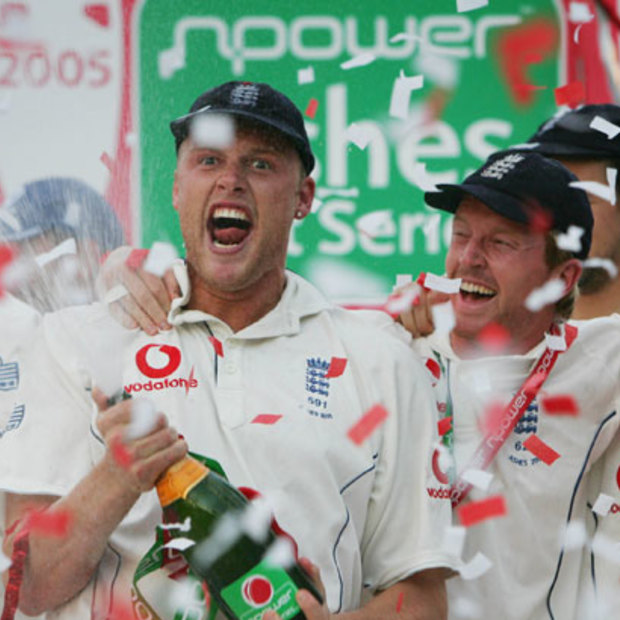 Andrew Flintoff celebrates winning the 2005 Ashes series with England teammates.