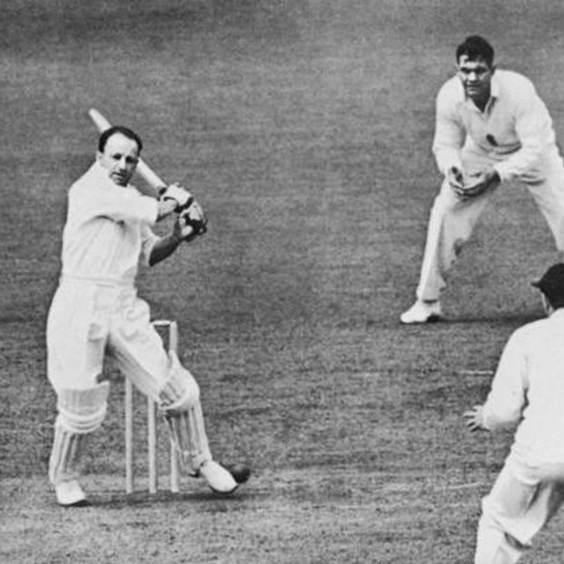 Master blaster: Don Bradman lets fly during the 1948 tour by the 'invincibles'.