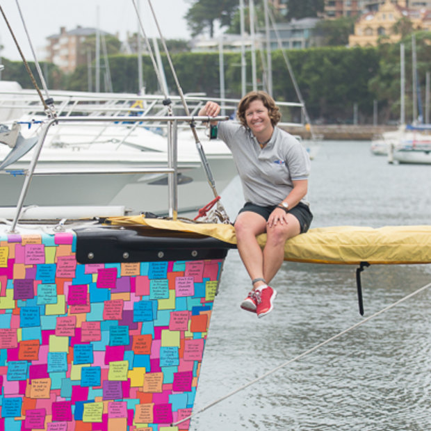 Her yacht, Climate Action Now, is covered in Post-it notes from people across the globe who have detailed how they are helping the environment. 
