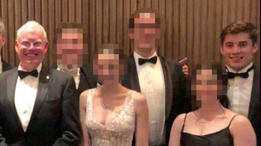 Young Liberal ex-staffer Jacob Sich (far right) with NSW Minister Gareth Ward (far left), who Sich used to work for at a Young Liberal ball held last weekend. 