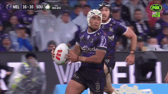 Latrell Mitchell’s tackle of Sua Fa’alogo in the Rabbitohs Anzac Day loss to the Storm 2025.