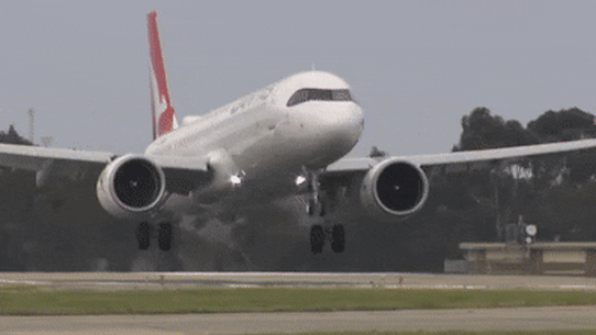 A Qantas plane is landing.
