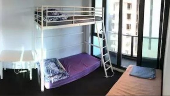 A bedroom with a bunk bed and single mattress currently being advertised on Gumtree. 