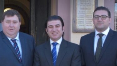 Liberal councillor Ben Barrak (centre), with councillors Bill Tyrrell (left) and Steven Issa (right).