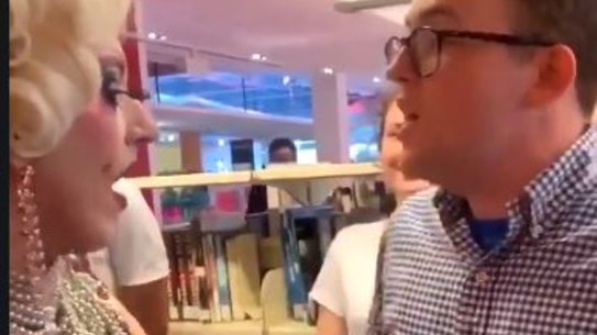 Wilson Gavin protesting at a drag queen reading event in Brisbane on Sunday.
Via @corydunco twitter.