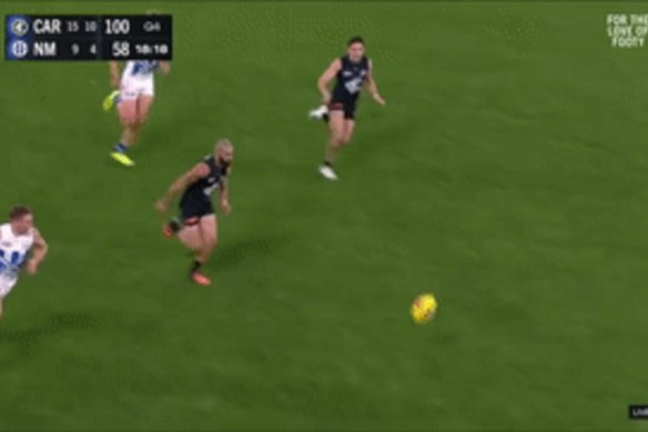 Carlton’s Lewis Young’s big hit on Kangaroo Cameron Zuhaar.