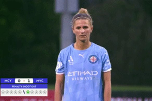 ... and the save: Casey Dumont does more damage by saving a penalty.